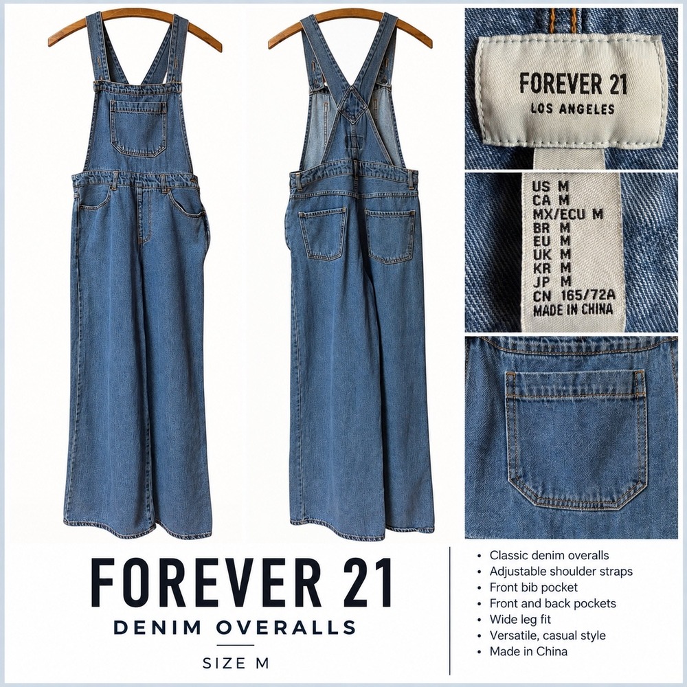 Forever 21 Womens Wide Leg Denim Overalls Blue Bib Pocket Dungarees Size M